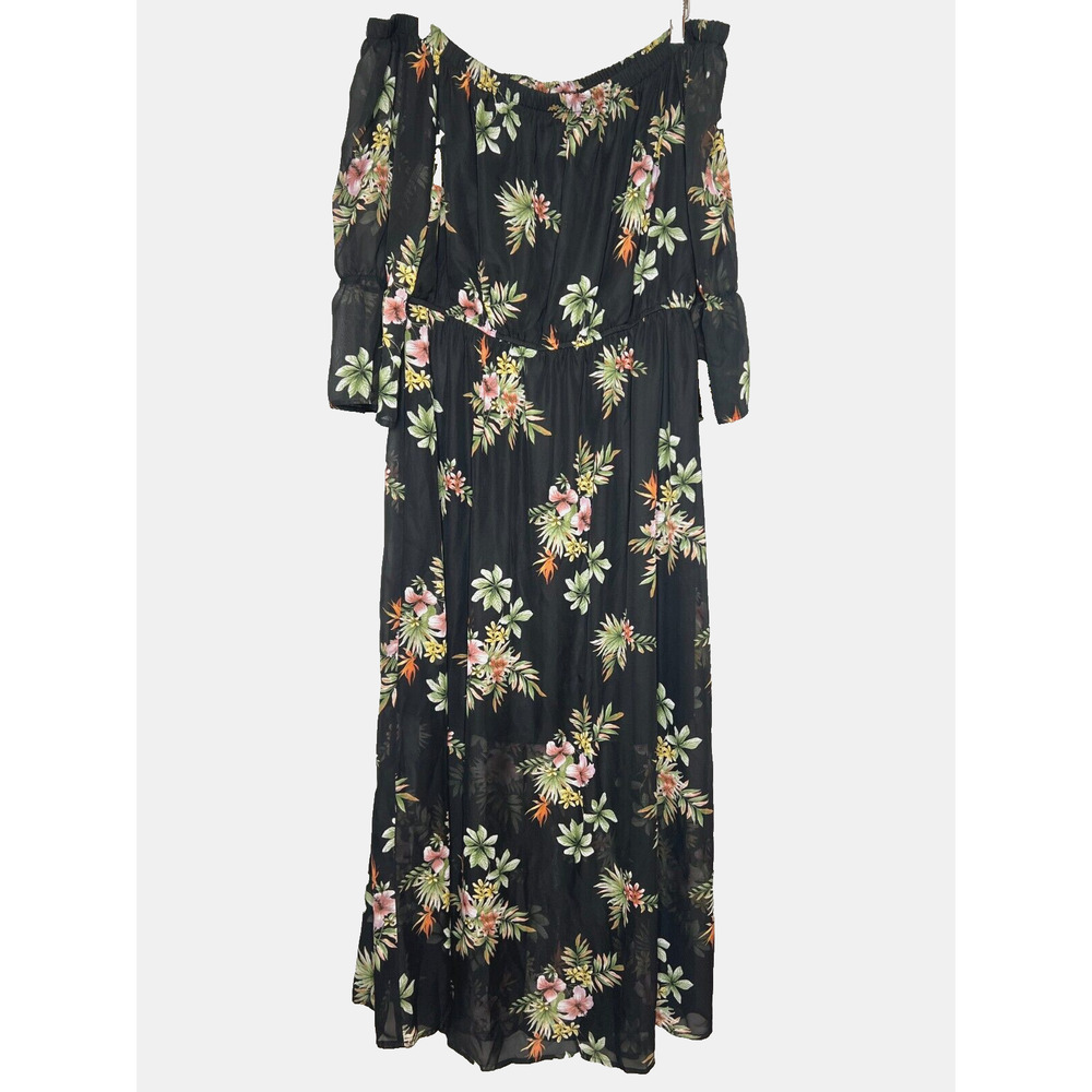 Always Indigo Maxi Dress 2X Floral Off Shoulder Side Slit Fairy Cottage Romantic